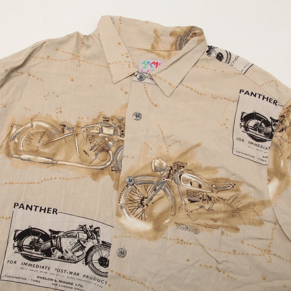 Jams World Men's Large Panther Motorcycle Rayon Button Down Shirt Beige Vintage